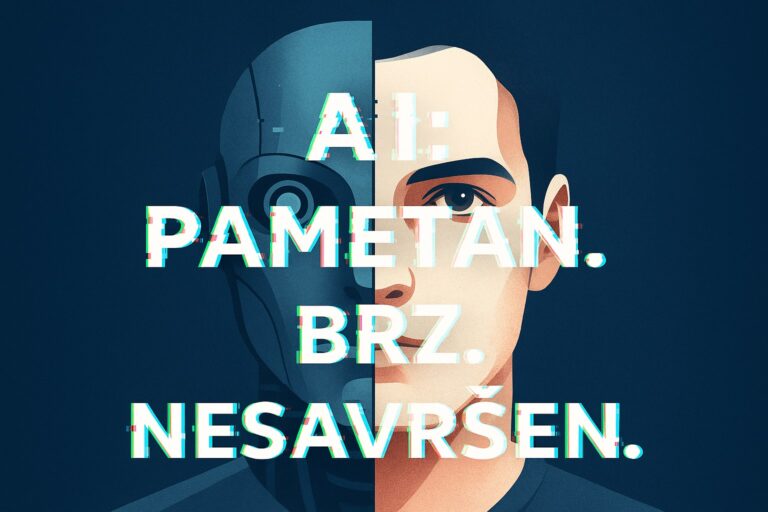 Ilustracija umjetne inteligencije s natpisima “pametnija” i “nesavršena” – tema o AI halucinacijama i izazovima