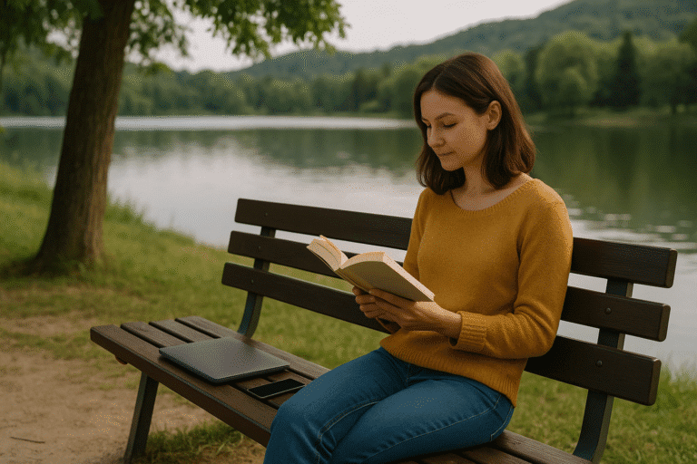 Digitalni detox-djevojka čita knjigu uz jezero