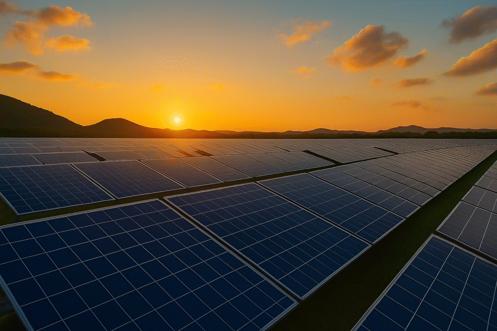 Slika prikazuje polja sa solarnim panelima-energetske tranzicije