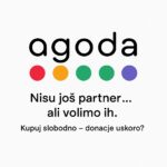 Agoda.com logotip s natpisom "Nisu još partner... ali volimo ih. Kupuj slobodno – donacije uskoro?"