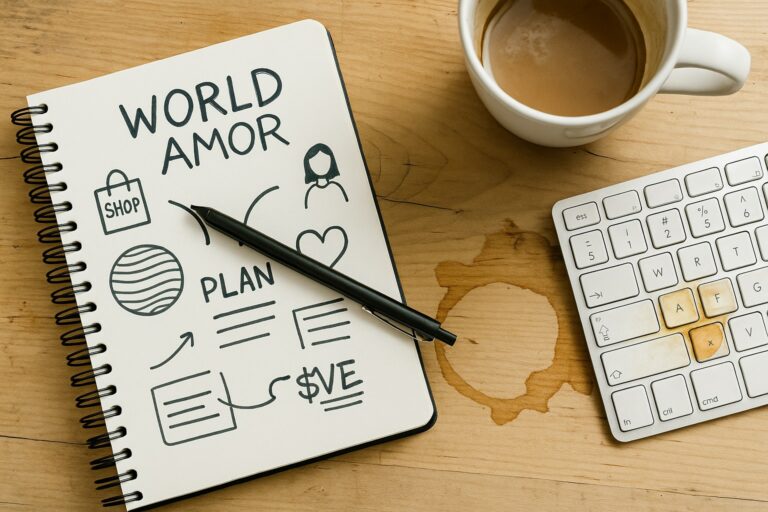 Nastanak WorldAmora. Radna bilježnica sa škrabotinama, planovima i kavom razlivenom po tipkovnici – simbol kreativnog kaosa.