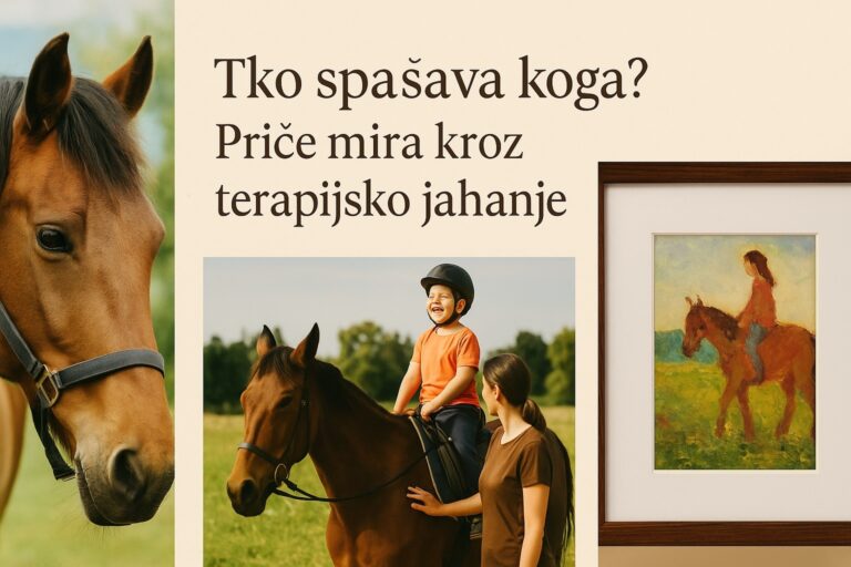 Dijete s invaliditetom jaše terapijskog konja uz pomoć terapeutkinje, uz prikaz konja izbliza i umjetničke slike jahačice – kolaž koji simbolizira mir i povezanost kroz terapijsko jahanje.