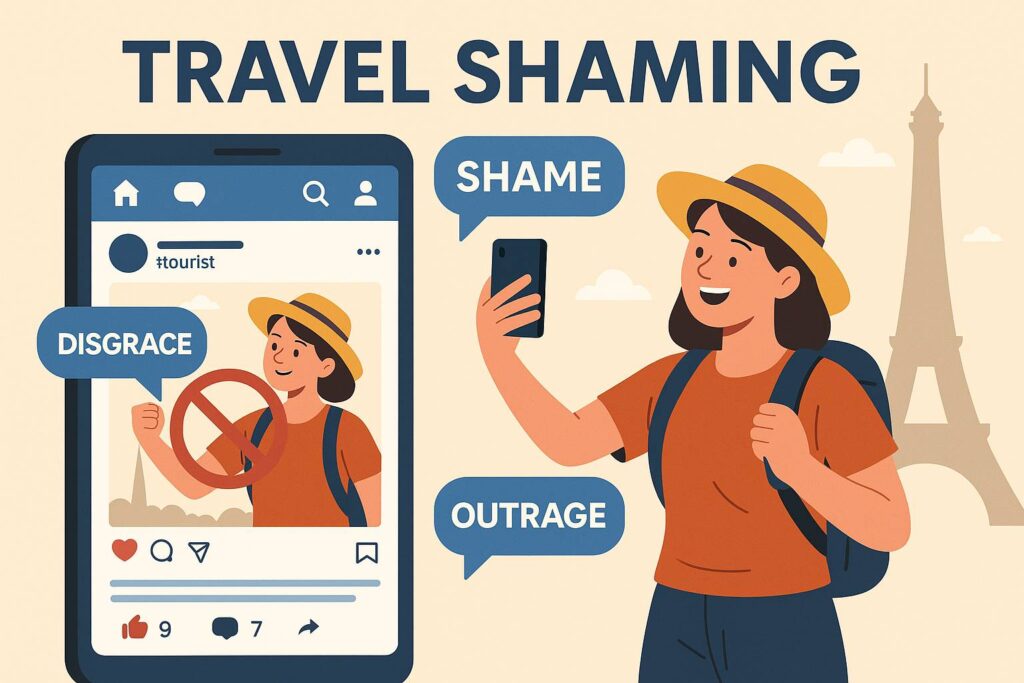 Turistkinja pozira za selfie dok se na mobitelu prikazuju negativni komentari – prikaz fenomena travel shaminga na društvenim mrežama.