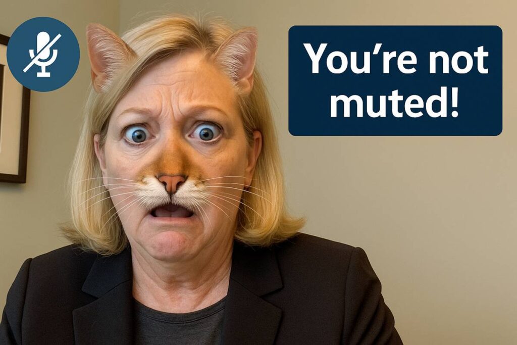 Osoba u šoku s mačjim filterom na video pozivu, uz tekst "You're not muted"