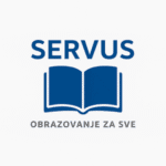 Prikaz udruge SERVUS – plavi tekst iznad otvorene knjige s natpisom "Obrazovanje za sve"