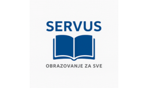 Prikaz udruge SERVUS – plavi tekst iznad otvorene knjige s natpisom "Obrazovanje za sve"