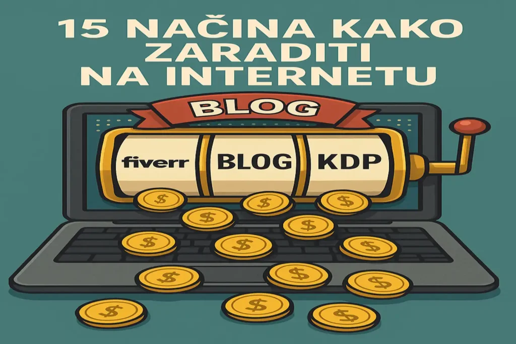 Laptop kao slot mašina s pojmovima Fiverr, Blog, KDP i YouTube – simbolizira načine kako zaraditi na internetu
