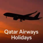 Qatar Airways Holidays banner s avionom u zalasku sunca