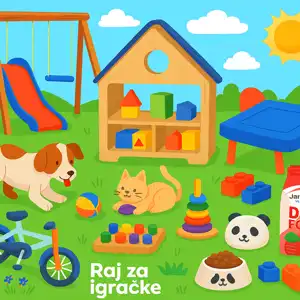 Razigrani kolaž iz Raj za igračke – bicikli, igračke i kućni ljubimci