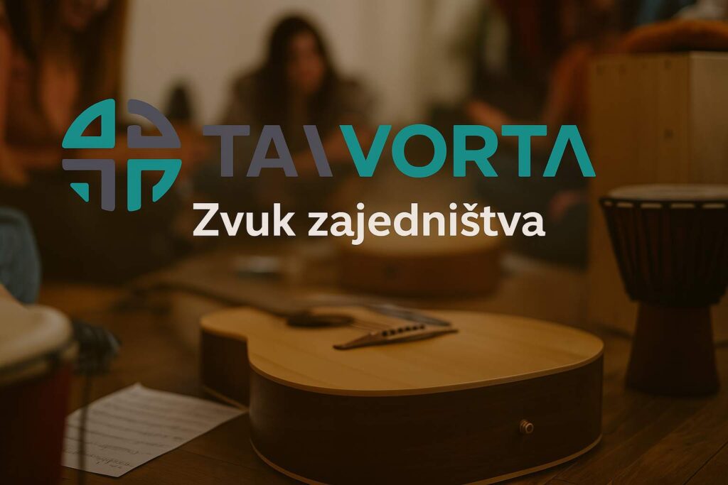 Glazbena radionica s instrumentima u fokusu i logotipom TAI VORTA – Zvuk zajedništva