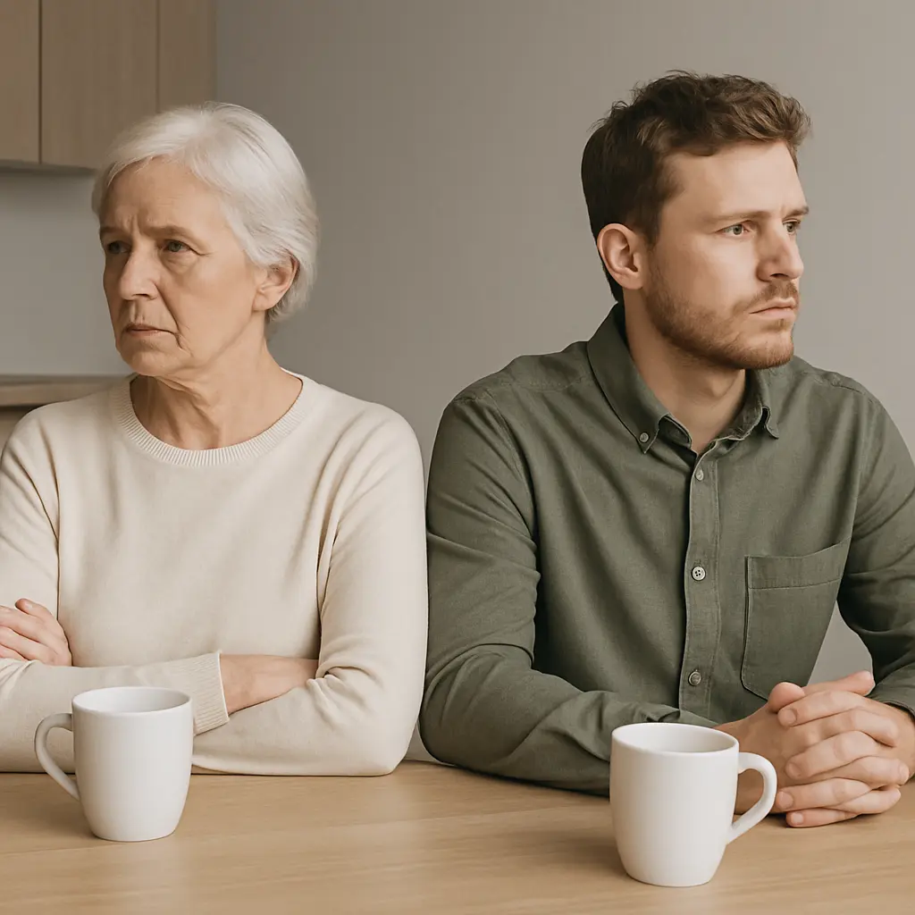 odnos s odraslom djecom – roditelj i odraslo dijete sjede za kuhinjskim stolom i izbjegavaju kontakt