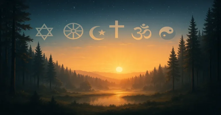 Priroda kao zajednički hram – šuma u zoru s izlaskom sunca i diskretnim simbolima religija (križ, polumjesec, Om, dharma wheel, Davidova zvijezda) na nebu i tlu, simbolizirajući univerzalnu duhovnost izvan institucija bez obzira koliko religija postoji u svijetu.