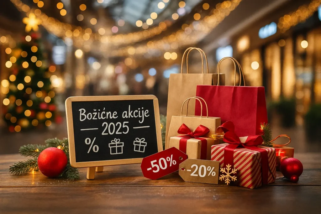 Najbolje božićne akcije 2025 – blagdanska scena sa shopping vrećicama, poklonima i popustima