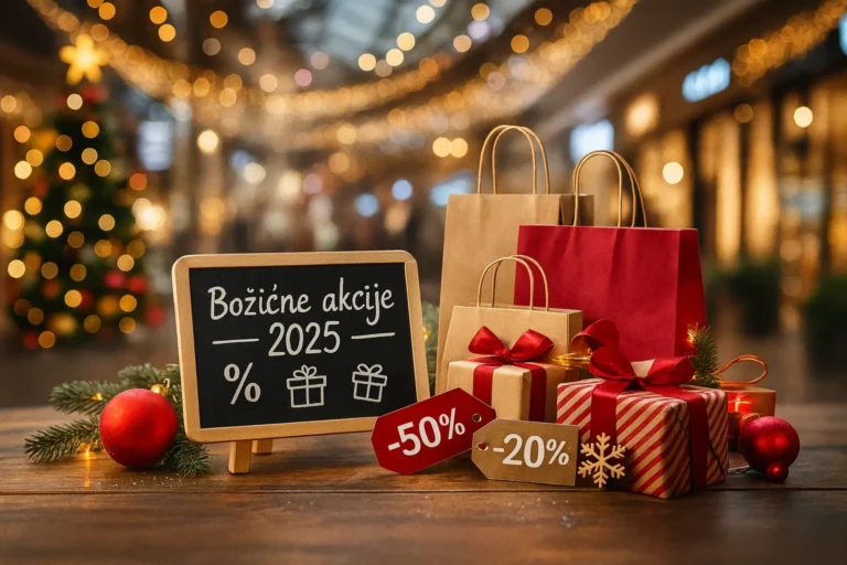Najbolje božićne akcije 2025 – blagdanska scena sa shopping vrećicama, poklonima i popustima